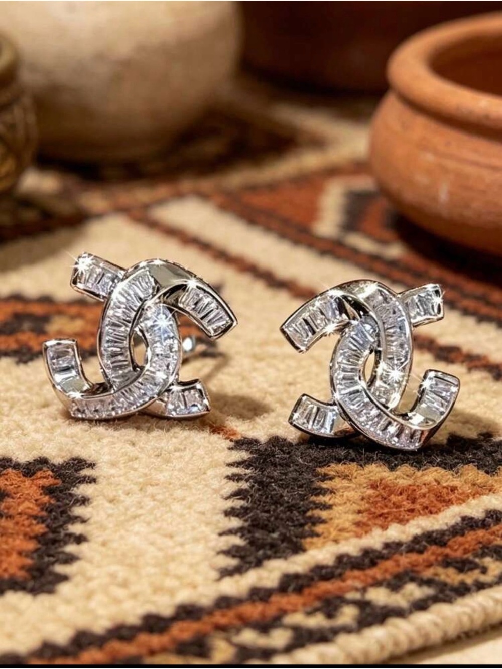 CHANEL Silver Crystal CC Logo Stud Earrings - Picture 2 of 5